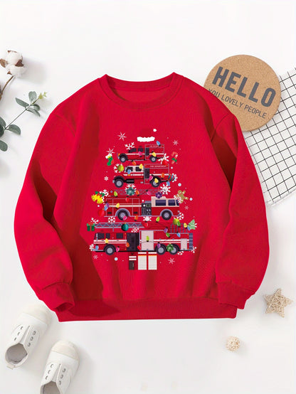 Boys' Cozy Fleece-Lined Christmas Fire Truck Print Sweatshirt - Casual Long Sleeve Pullover for Fall/Winter