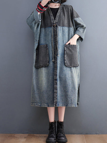 xakxx Artistic Retro Denim Long Sleeves Loose Tied Split-Joint Trench Outerwear