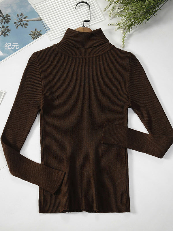 xakxx Simple Skinny Solid Color High-Neck Sweater Tops