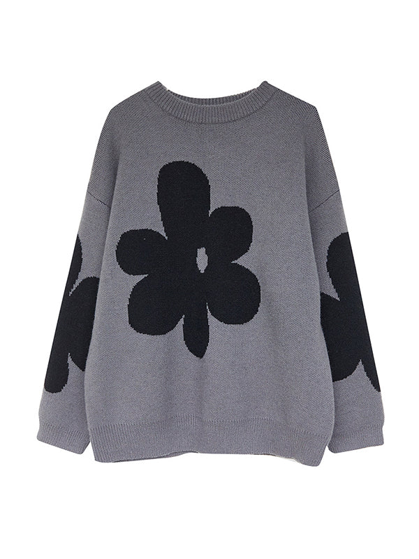 xakxx Casual Loose Long Sleeves Contrast Color Jacquard Round-Neck Sweater Tops