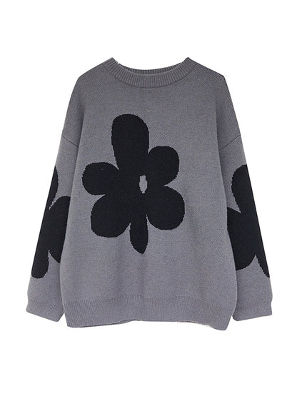 xakxx Casual Loose Long Sleeves Contrast Color Jacquard Round-Neck Sweater Tops