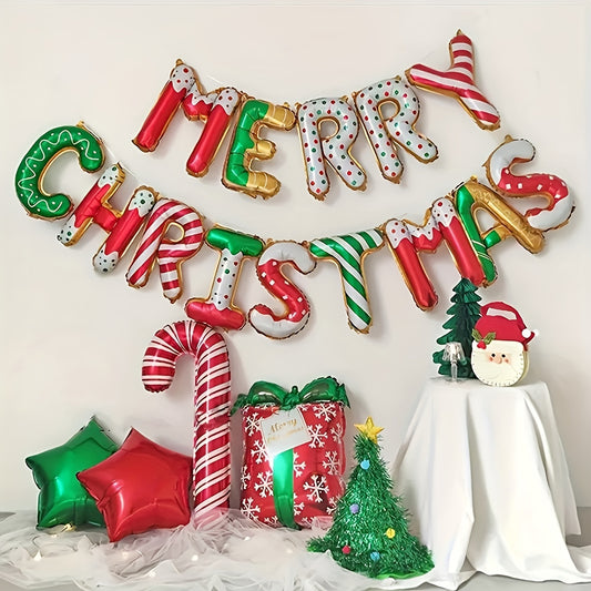 16-Inch Colorful "Merry Christmas" Letter Balloons Set, Festive Aluminum Foil Balloons for Christmas and New Year Party Decor, Reusable with Curled Ribbon, Holiday Home & Kitchen Party Supplies