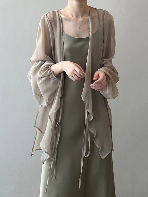 xakxx Bishop Sleeve Long Sleeves See-Through Split-Joint Tied Collarless Blouses&Shirts Tops