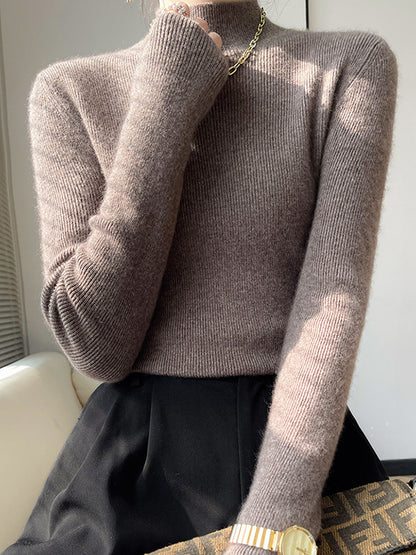 xakxx Casual Skinny Long Sleeves Solid Color Half Turtleneck Sweater Tops