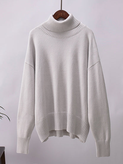 xakxx Long Sleeves Loose Solid Color High Neck Knitwear Pullovers Sweater Tops
