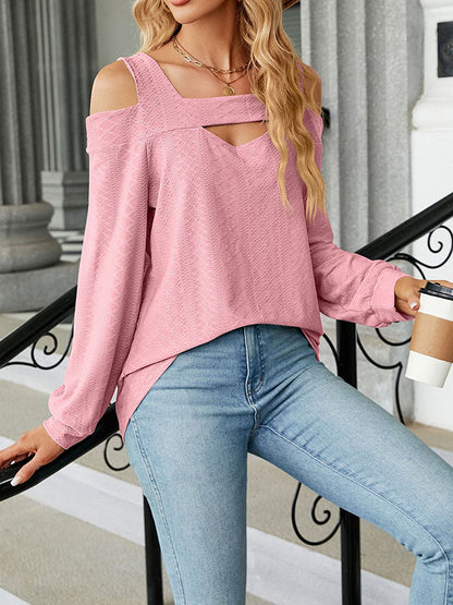 xakxx Long Sleeves Loose Hollow Jacquard Solid Color U-Neck T-Shirts Tops