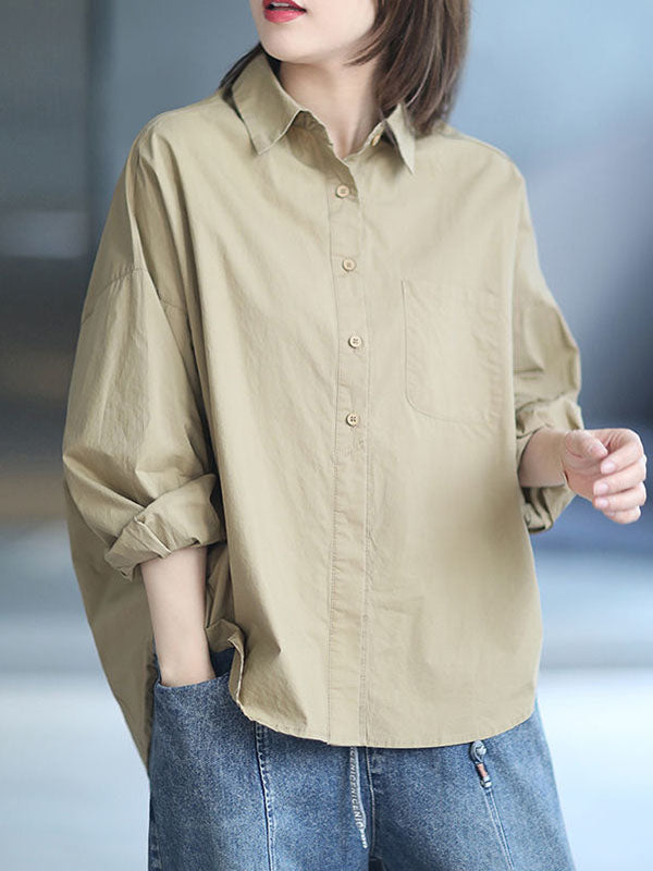 xakxx High-Low Long Sleeves Solid Color Lapel Blouses&Shirts Tops