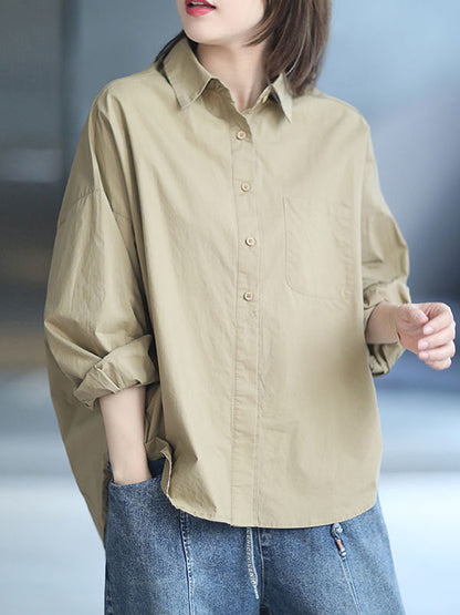 xakxx High-Low Long Sleeves Solid Color Lapel Blouses&Shirts Tops