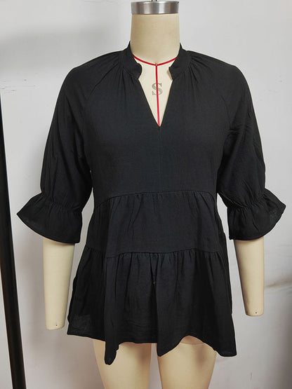 xakxx Loose Three-Quarter Sleeves Elasticity Pleated Solid Color Split-Joint V-Neck T-Shirts Tops