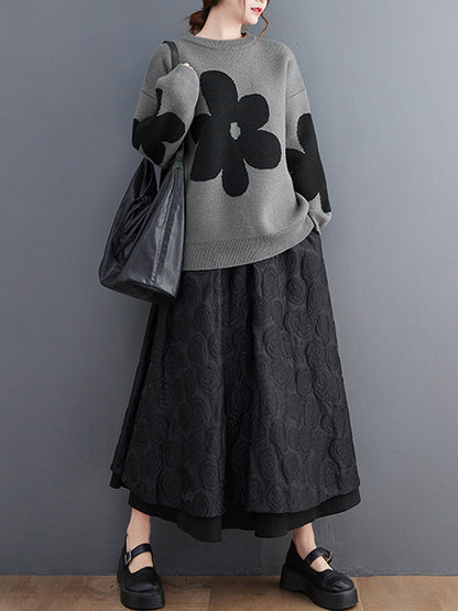 xakxx Casual Loose Long Sleeves Contrast Color Jacquard Round-Neck Sweater Tops