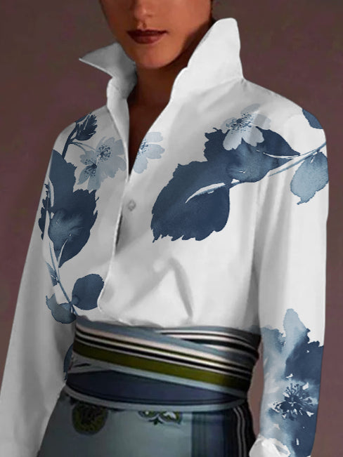 xakxx Long Sleeves Loose Falbala Leaves Print Printed Lapel Collar Blouses&Shirts Tops