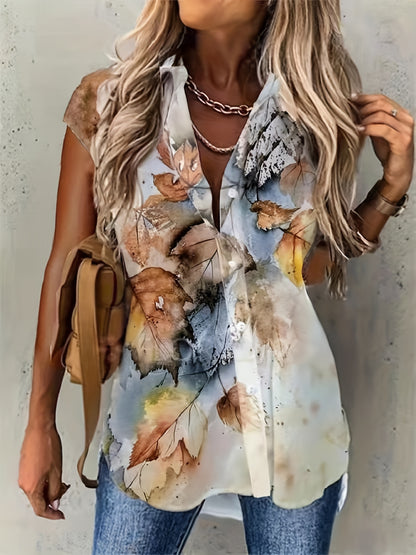 Plus Size Casual Blouse, Women's Plus Leaf Print Cap Sleeve Turn Down Collar Blouse