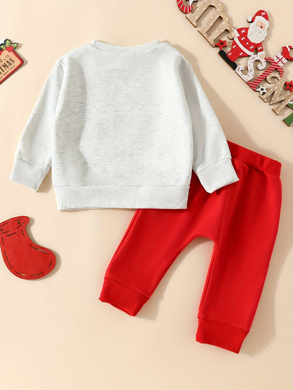 2pcskids Christmas Cute Cartoon SANTA BABY Graphic Sweatshirt Trousers Set, Toddler Casual Outfit Clothes, Winter/fall