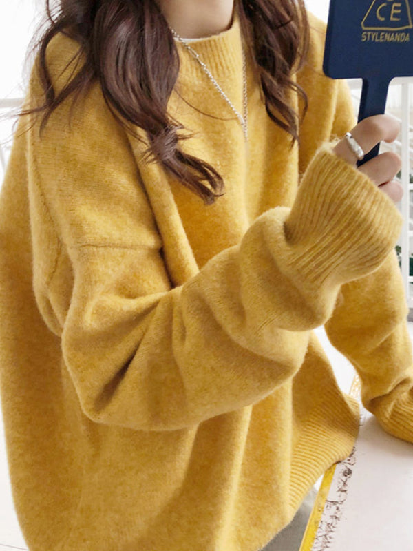 xakxx Simple Loose Long Sleeves Round-Neck Sweater Tops Pullovers