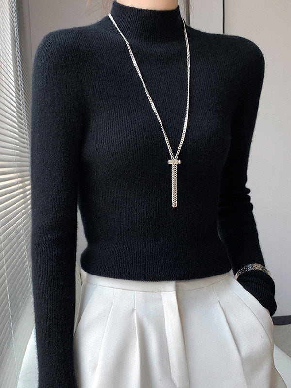 xakxx Casual Skinny Long Sleeves Solid Color Half Turtleneck Sweater Tops