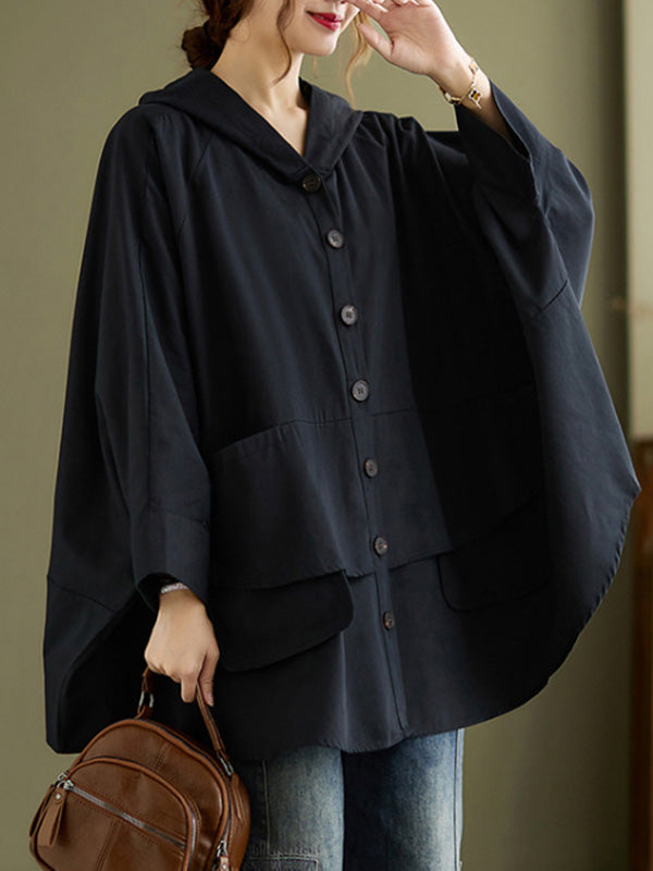 xakxx Loose Solid Color Buttoned Hooded Long Sleeves Trench Coat