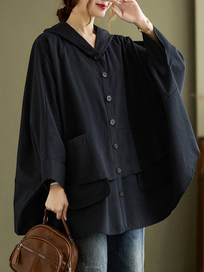 xakxx Loose Solid Color Buttoned Hooded Long Sleeves Trench Coat