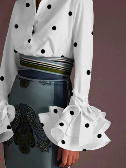 xakxx Flared Sleeves Falbala Polka-Dot Lapel Collar Blouses&Shirts Tops