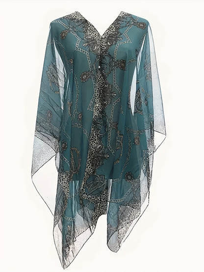 Plus Size Elegant V Neck Shawl Top - Long Sleeve, Semi-Sheer, Positioning Printed, Middle East Style, Woven Polyester Blouse for Spring, Summer, and Fall - Chic Womens Clothing for Curvy Figures