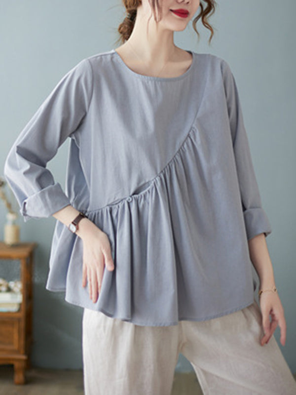 xakxx Casual Loose Long Sleeves Solid Color Round-Neck T-Shirts Tops