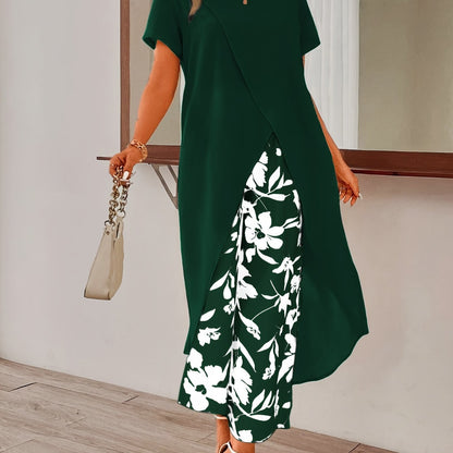 Womens Elegant Pants Set - Stylish Solid Color with Asymmetrical Hem Design, Comfortable Crew Neck Short Sleeve Top, Vibrant Floral Print Pants - Perfect for Spring and Summer Seasons, Complete Outfits for a Stylish Ensemble