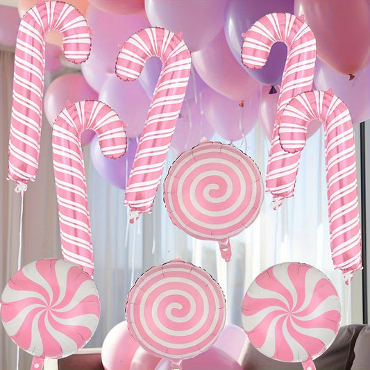 6pcs 18-inch Pink Candy Windmill Round Ball Large Crutch Christmas Stick Balloon Christmas New Year Party Decoration Balloon, Best for Christmas
