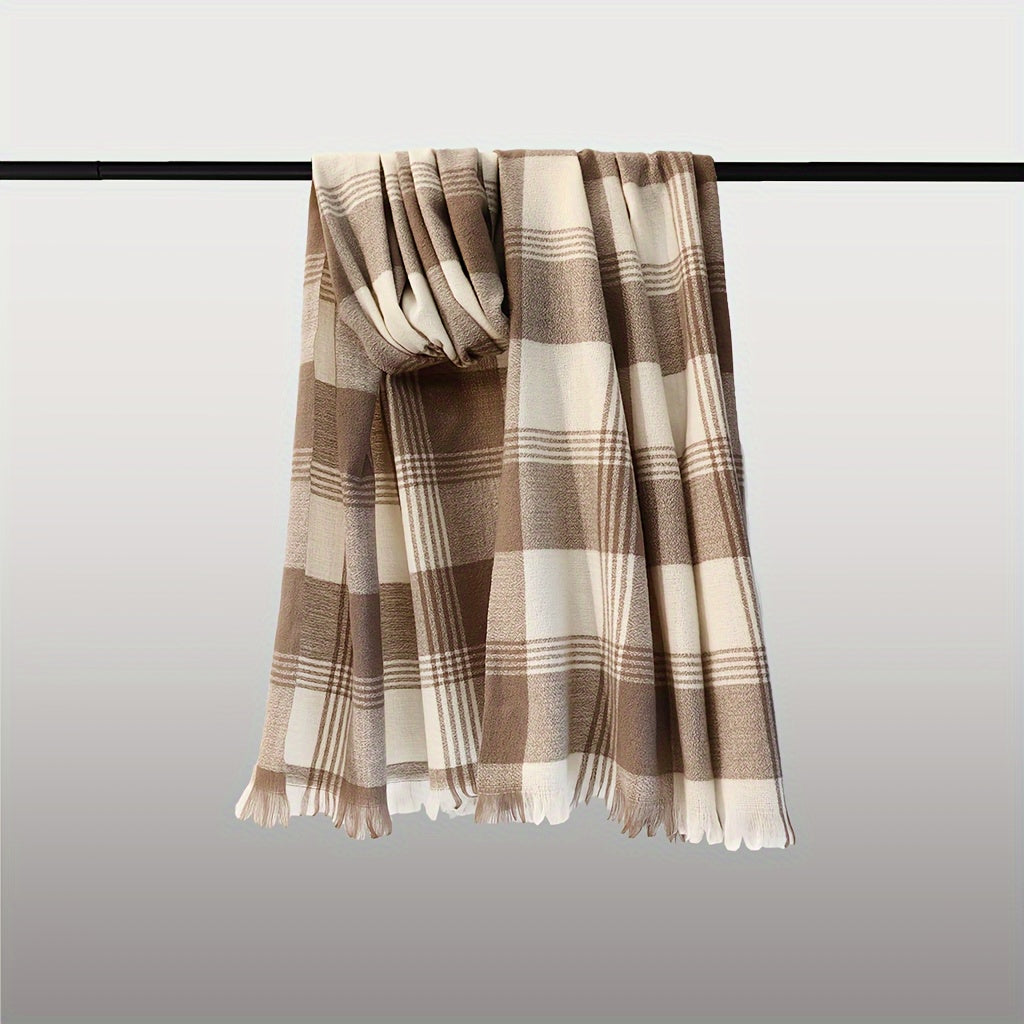 1pc Soft & Warm Short-bearded Plaid Long Scarf Winter Scarf