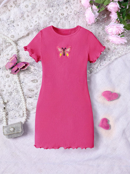Butterfly Design Frill Trim Short Sleeve Bodycon Dress For Girls Summer Gift Holiday