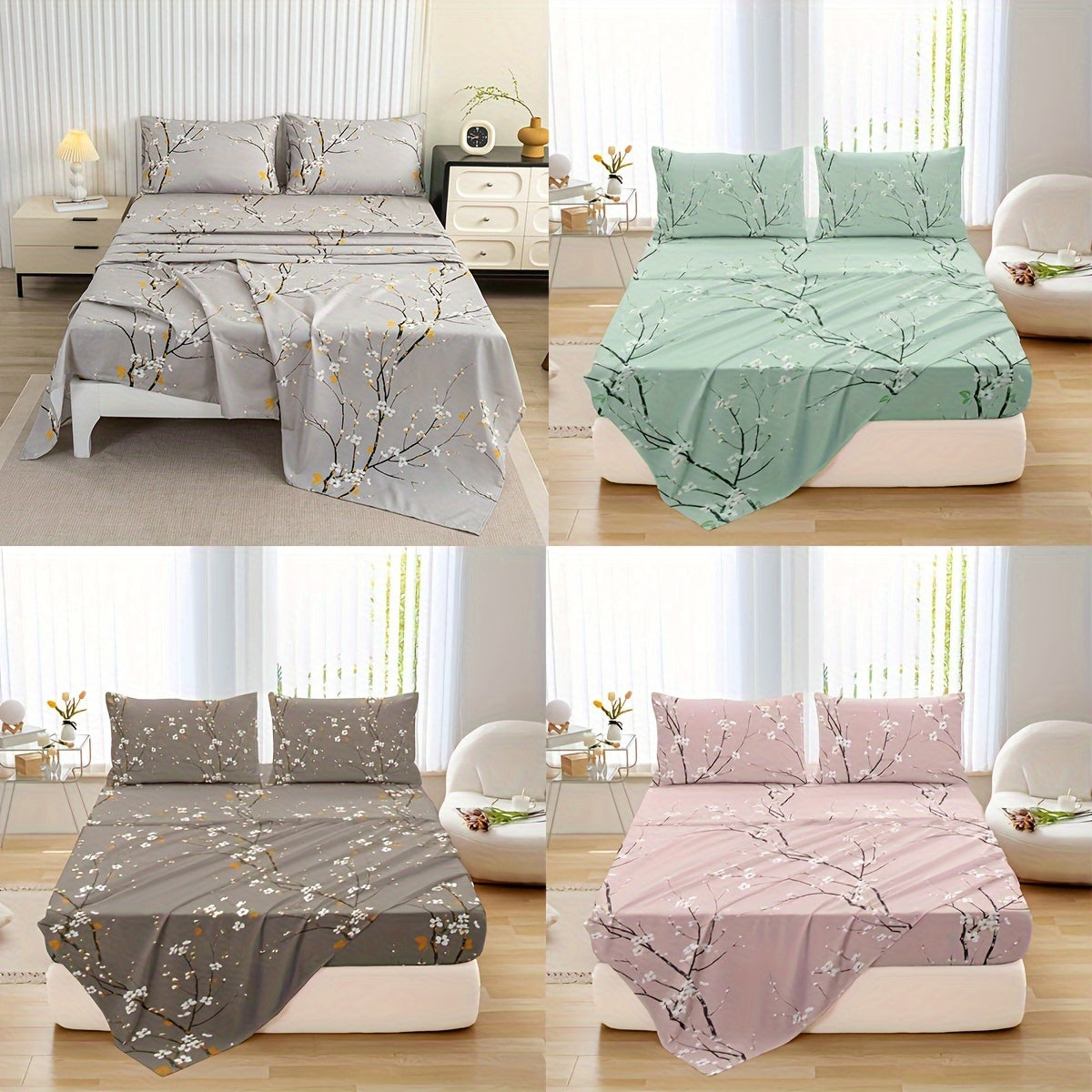 4pcs Luxury Flower Print Fitted Sheet Set - Soft, Hypoallergenic & Breathable Bedding - Wrinkle-Free & Fade-Resistant - Perfect for Bedrooms & Guest Rooms - 1 Flat Sheet, 1 Fitted Sheet, 2 Pillowcases - No Mattress Core
