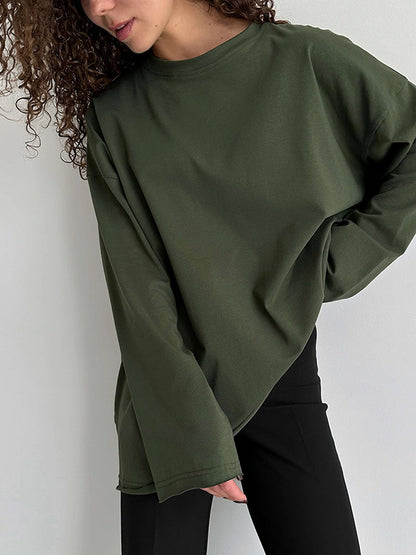 xakxx Long Sleeves Loose Solid Color Round-Neck T-Shirts Tops