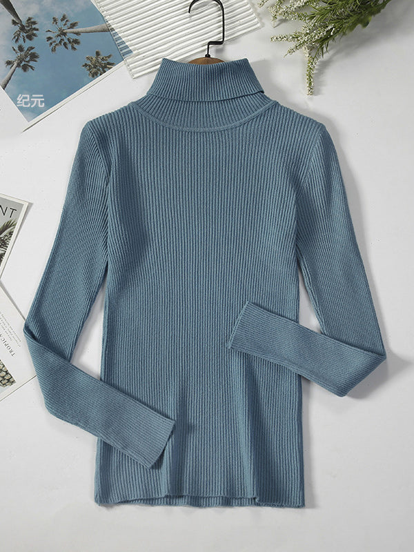 xakxx Simple Skinny Solid Color High-Neck Sweater Tops