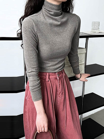 xakxx Long Sleeves Skinny Solid Color Split-Joint High Neck T-Shirts