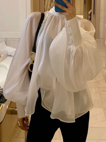 xakxx Urban Black&White Puff Sleeves High-Neck Blouse