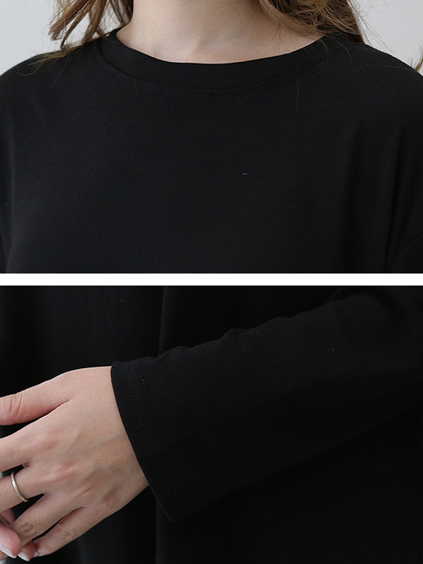 xakxx Casual High-Low Long Sleeves Solid Color Round-Neck T-Shirts Tops