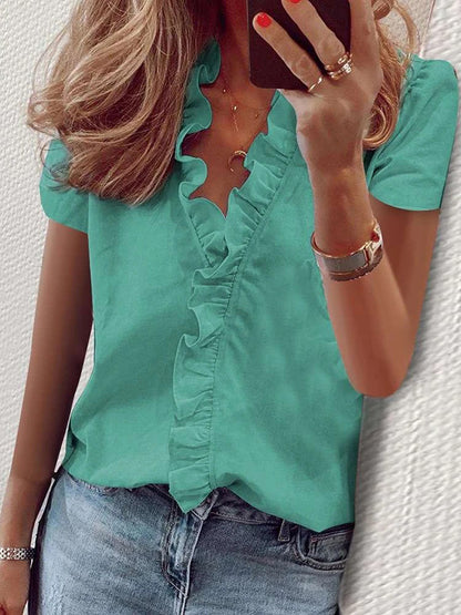 xakxx Casual Short Sleeves Solid Color V-Neck Blouses