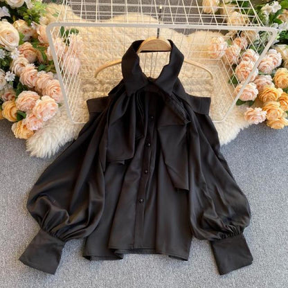 Xakxx - Spring Autumn New Blouse Women Halter Scheming Halter Shirt Bowknot Lapel Puff Sleeve Female Top C031