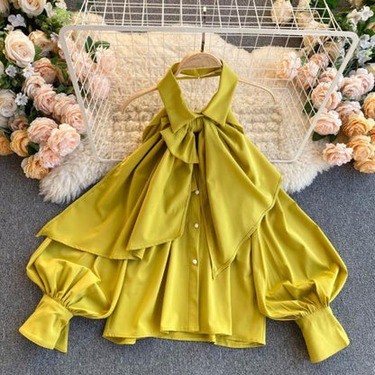 Xakxx - Spring Autumn New Blouse Women Halter Scheming Halter Shirt Bowknot Lapel Puff Sleeve Female Top C031