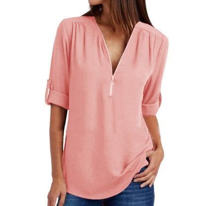 Xakxx - Women Blouses Summer Elegant V Neck Roll Up Long Sleeve Zipper Tunic Chiffon Tops Casual Loose Blue Shirt Female S-5XL Plus Size