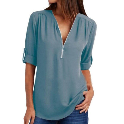 Xakxx - Women Blouses Summer Elegant V Neck Roll Up Long Sleeve Zipper Tunic Chiffon Tops Casual Loose Blue Shirt Female S-5XL Plus Size