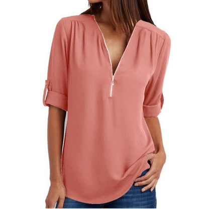 Xakxx - Women Blouses Summer Elegant V Neck Roll Up Long Sleeve Zipper Tunic Chiffon Tops Casual Loose Blue Shirt Female S-5XL Plus Size