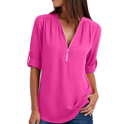 Xakxx - Women Blouses Summer Elegant V Neck Roll Up Long Sleeve Zipper Tunic Chiffon Tops Casual Loose Blue Shirt Female S-5XL Plus Size