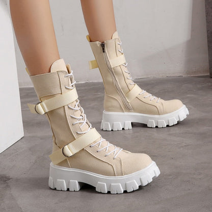 Purpdrank - Women's Shoes New Spring Style Platform Comfortable Boots Zipper Casual Mid-Calf Round Toe Flat with Boots Femmes Bottes
