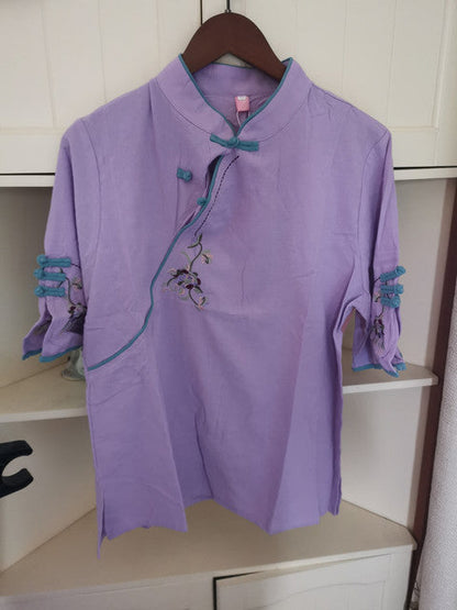 Xakxx - New Chinese Style Retro Cotton and Linen Shirt Women Spring Summer Chinese Stand-up Collar Button Blouse Embroidered Tea Service