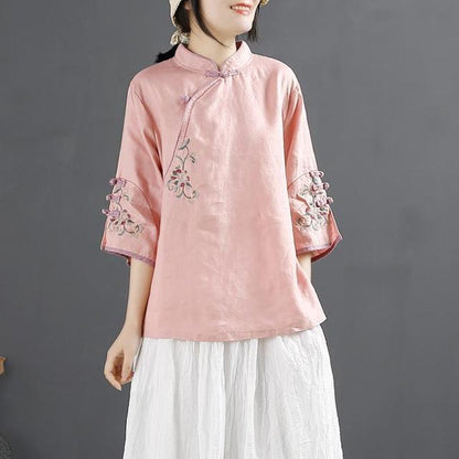 Xakxx - New Chinese Style Retro Cotton and Linen Shirt Women Spring Summer Chinese Stand-up Collar Button Blouse Embroidered Tea Service
