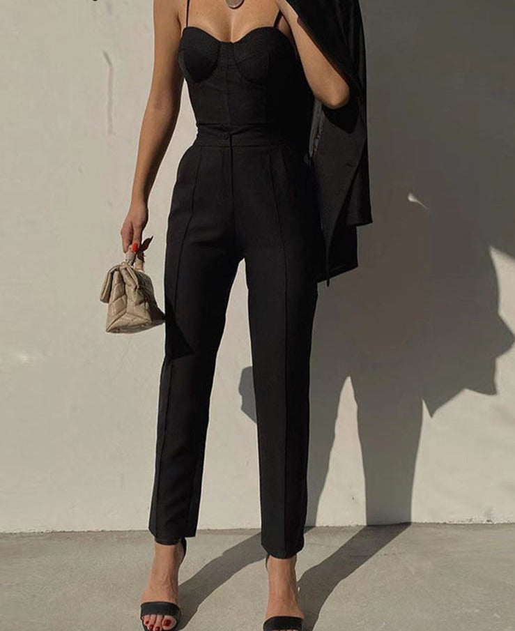 Purpdrank - Office Lady Black Pant Suits Tracksuit Women Strap Corset Crop Tops And High Waist Pants Two Piece Set Urban Outfits