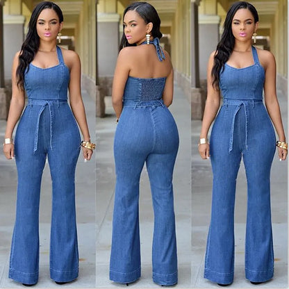 Wholesale- Women Summer Sexy Denim Jumpsuits Ladies Loose Jumpsuit Party Overalls Womens Sleeveless Night Club Rompers Combinaison Femme