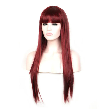 WoodFestival long straight hair wigs heat resistant synthetic fiber burgundy black brown flax wig with bangs 70cm realistic sof women