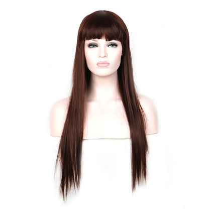 WoodFestival long straight hair wigs heat resistant synthetic fiber burgundy black brown flax wig with bangs 70cm realistic sof women