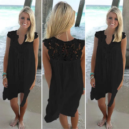 Lace Patchwork Dress Bohemia style lace womens Chiffon casual beach Miniskirt loose summer tulle dress covering bikini Lady sundress plus size
