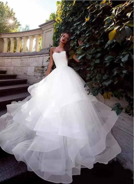Latest Strapless Ball Gown Wedding Dresses Ruched Tulle Sweep Train Corset Lace-Up Back Simple Bridal Gowns Custom Made Vestidos De Novia